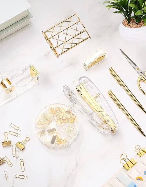 Load image into Gallery viewer, Gold Desk Accessories，Office Supplies Set Acrylic Stapler Set Staple Remover, Tape/Pen Holder, 2 Ballpoint Pen, Scissor, Binder/Paper Clips and 1000Pcs Staples.
