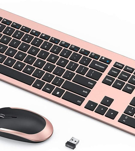 Rechargeable Wireless Keyboard Mouse Combo Full Size Cordless Keyboard & Mouse Sets with Build-In Lithium Battery Ultra Thin Quiet Keyboard Mice (Black and Rose Gold)