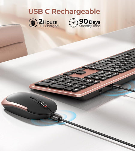 Rechargeable Wireless Keyboard Mouse Combo Full Size Cordless Keyboard & Mouse Sets with Build-In Lithium Battery Ultra Thin Quiet Keyboard Mice (Black and Rose Gold)