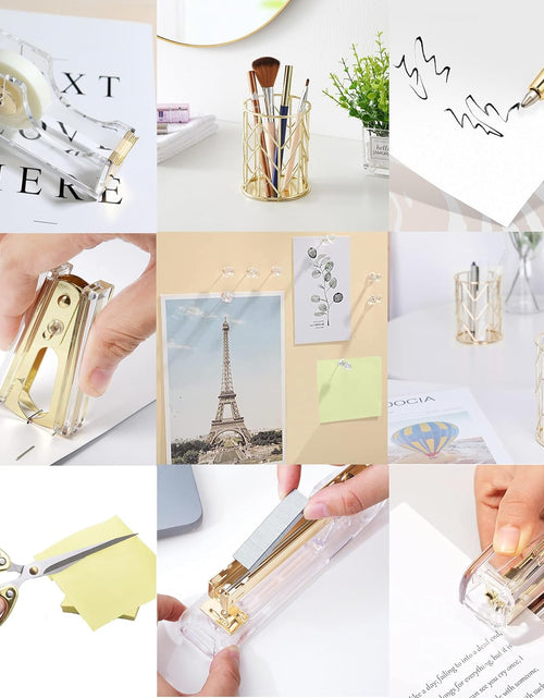 Load image into Gallery viewer, Gold Desk Accessories，Office Supplies Set Acrylic Stapler Set Staple Remover, Tape/Pen Holder, 2 Ballpoint Pen, Scissor, Binder/Paper Clips and 1000Pcs Staples.
