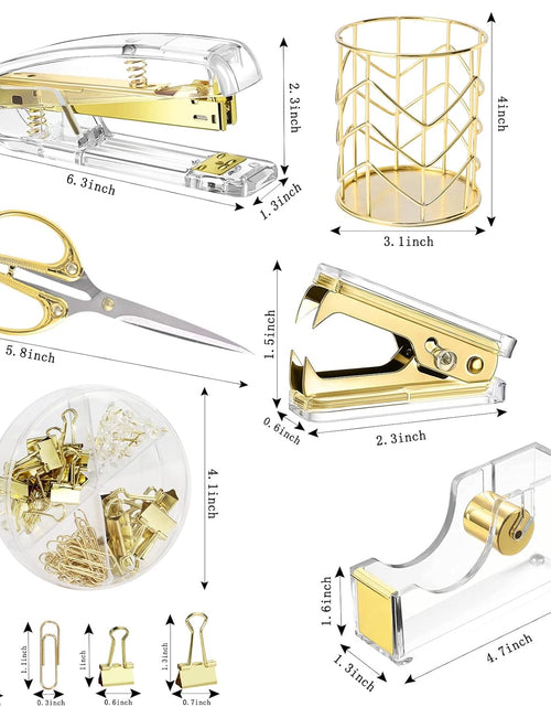 Load image into Gallery viewer, Gold Desk Accessories，Office Supplies Set Acrylic Stapler Set Staple Remover, Tape/Pen Holder, 2 Ballpoint Pen, Scissor, Binder/Paper Clips and 1000Pcs Staples.
